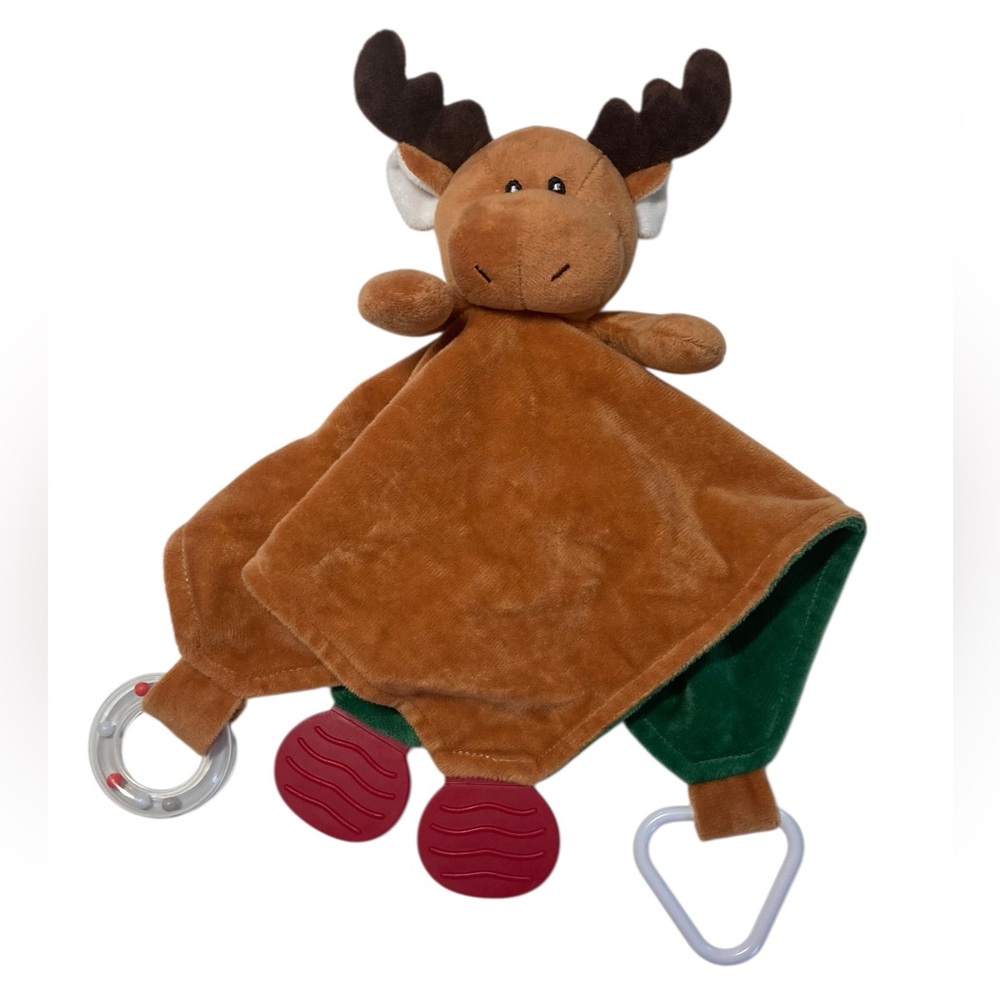 Modern Baby Moose Reindeer 12” Lovey Blanket Rattle Teether Brown Green 2022